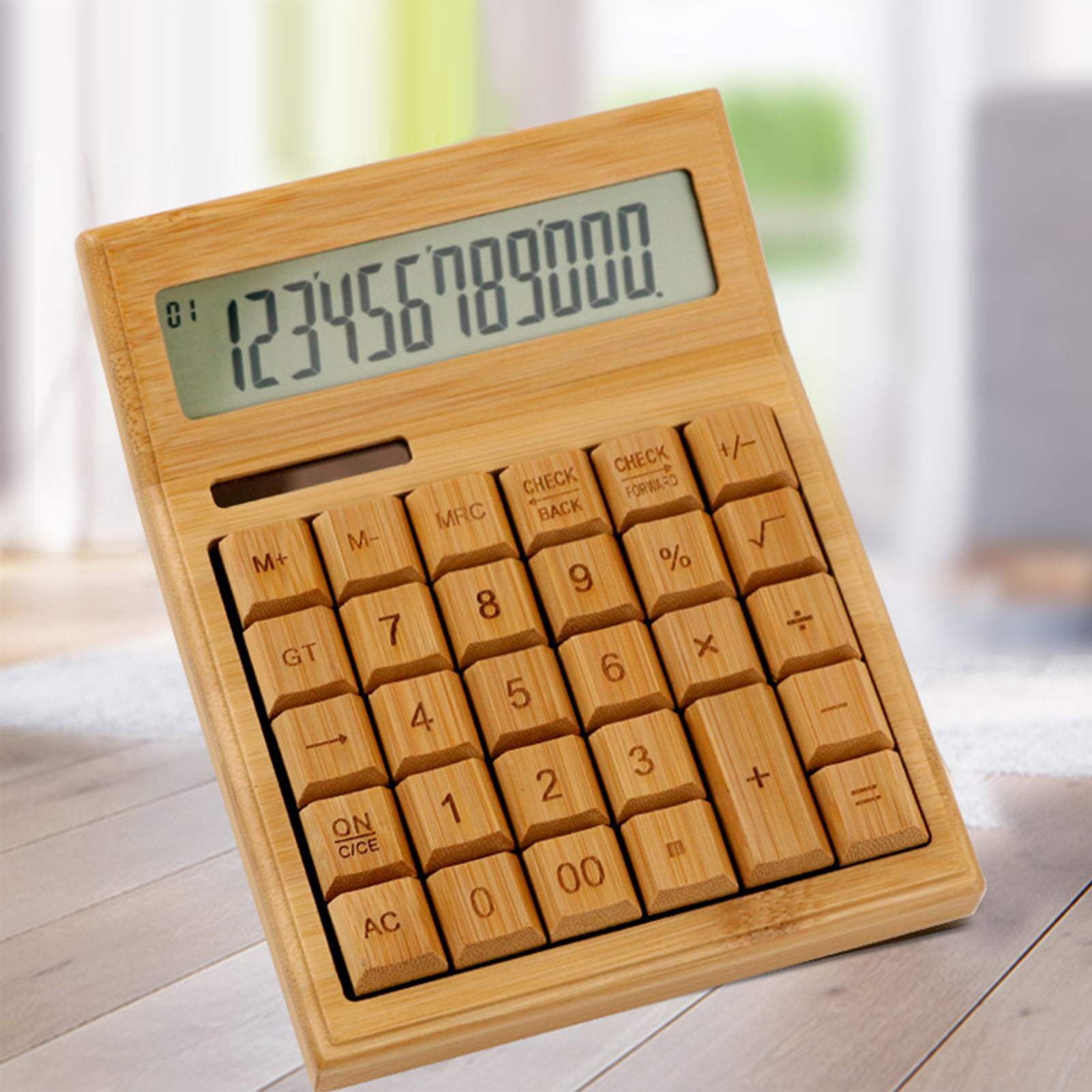 Bamboo Wood Solar Powered School Office Calculator With 12 Digit LCD Display 