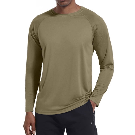 Delconic Men Long Sleeve Crew Neck T Shirt Lightweight Breathable Athletic Fit Moisture Wicking Performance Top for Sports Gym Running Army Green L
