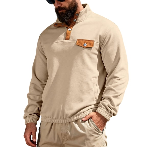 ZCFZJW Quarter Button up Sweatshirts for Men Lightewight Casual Fall Winter Long Sleeve Mock Neck Pullover Tops Loose Regular Fit Cotton Workout Shirts Beige XXL