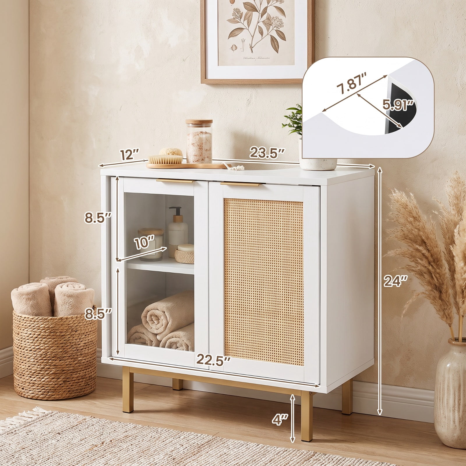 Vebreda Freestanding Bathroom Storage Cabinet, Bathroom Vanity Cabinet with U-Shaped Cut-Out 2 Rattan Doors and Shelf, Hidden Sink Organizer