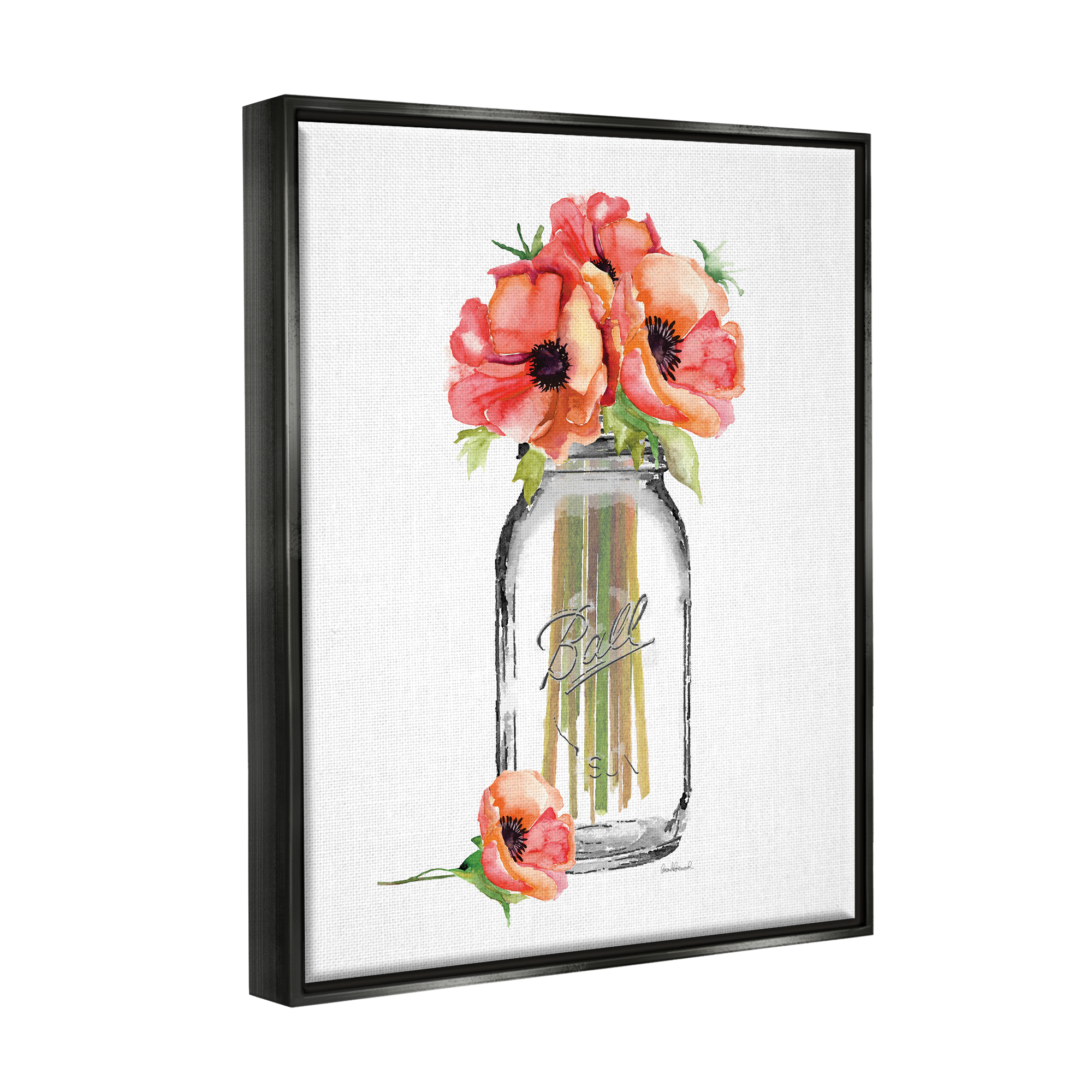 Stupell Industries Mason Jar Poppys Jet Black Framed Floating Canvas Wall Art, 16x20, by Amanda Greenwood