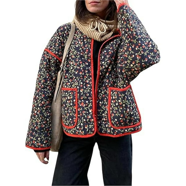 LOVZFMLL Vestes pour Femmes, Veste Matelassée Courte, Imprimé Floral Vintage, Ouverte devant, Légère, Courte