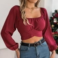 thumbnail image 2 of HAPIMO Women's Fashion Cropped Tops Workout Casual Elegant Clearance Lantern Sleeve Business Tees Outfits Square Neck Pleated Pullovers Slim Chiffon Shirts Vacation Red L, 2 of 7