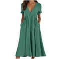 thumbnail image 2 of Wiyuqeen Rolled Short Sleeve Midi Dresses Women Elegant Deep V Neck Dresses Casual Loose Empire Waist Dresses with Pockets Summer Solid Dresses, 2 of 6