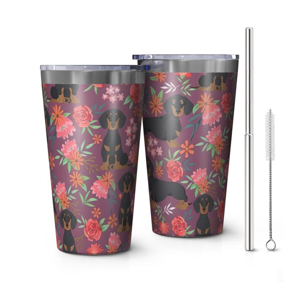 16oz Tumblers Dachshund Dog and Flower Floral Stainless Steel Vacuum Insulated Double Wall Travel Tumbler Cups Mug with Lid and Straw,Cleaning Brush for Coffee,Tea