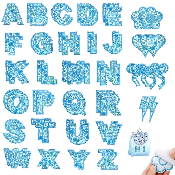 60pcs Letter Patches Self - Adhesive for Clothing: Blue Flowers Letters Patch Stickers A-Z Alphabet Applique - Cute Varsity Fabric Letters Patches Stick On Jackets Hats Bags DIY Crafts