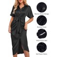 thumbnail image 3 of Hanerdun Womens Button Down Dress V Neck Short Sleeve Satin Ruched Party Wrap Maxi Dresses, 3 of 8