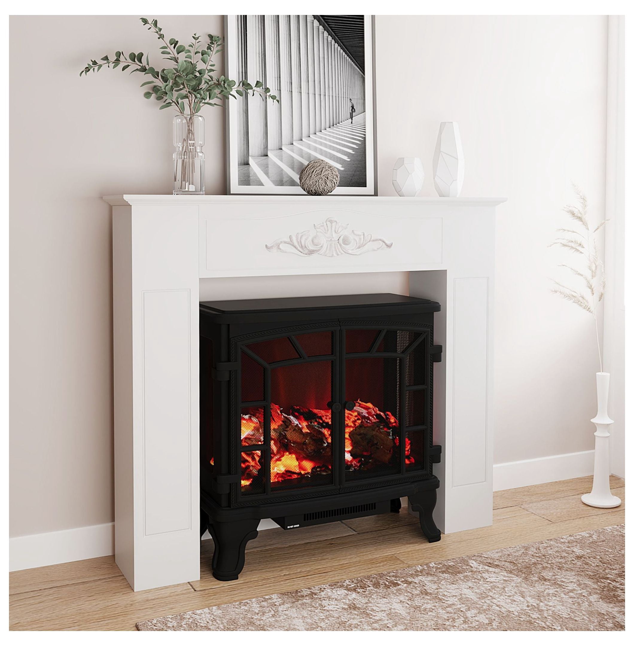 Fir Wood Fireplace Mantel Surround 44.75", Distressed White, Freestanding Electric Fireplace, Living Room Decor