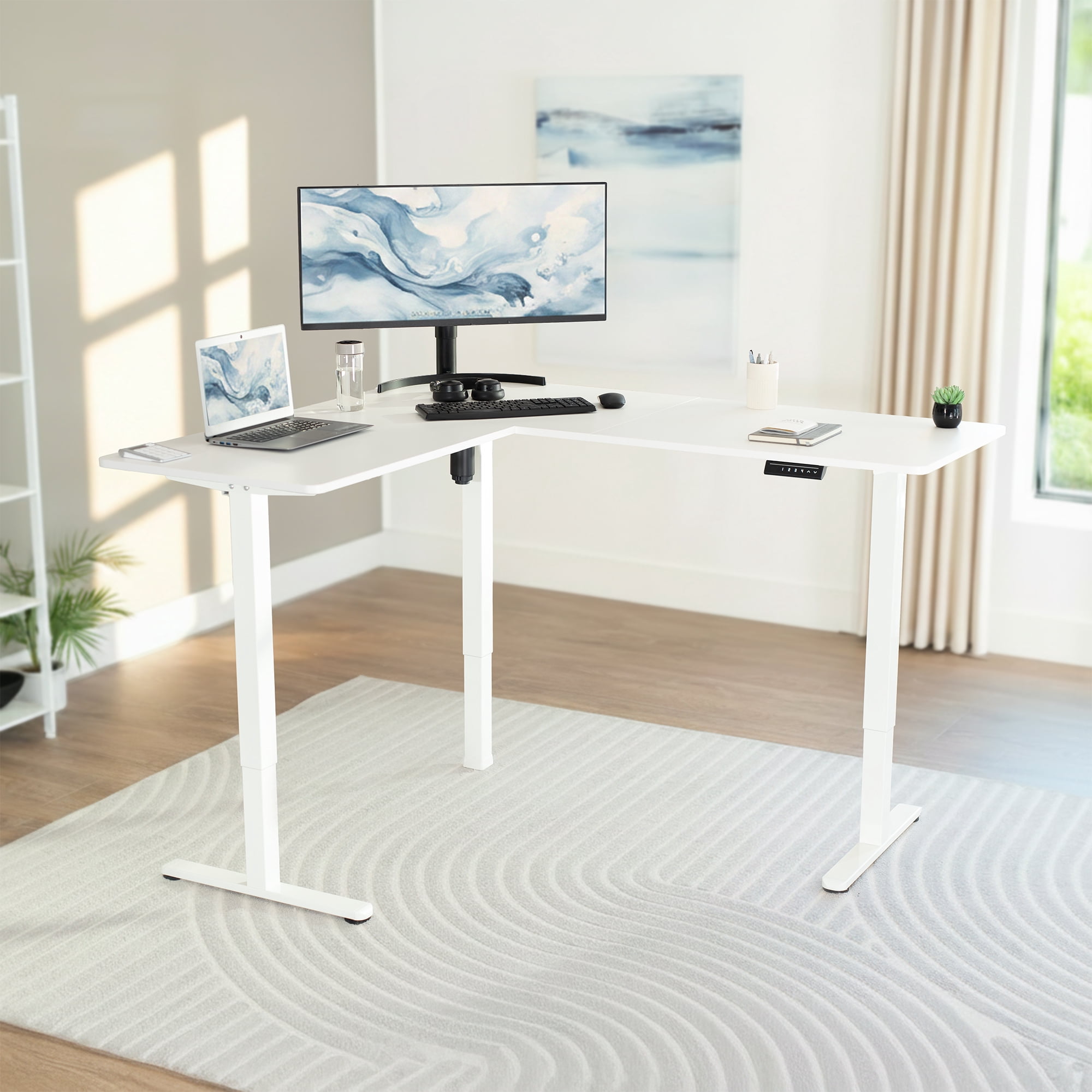 VIVO White Electric 63" x 55" Corner Stand Up Desk, L-Shaped Workstation