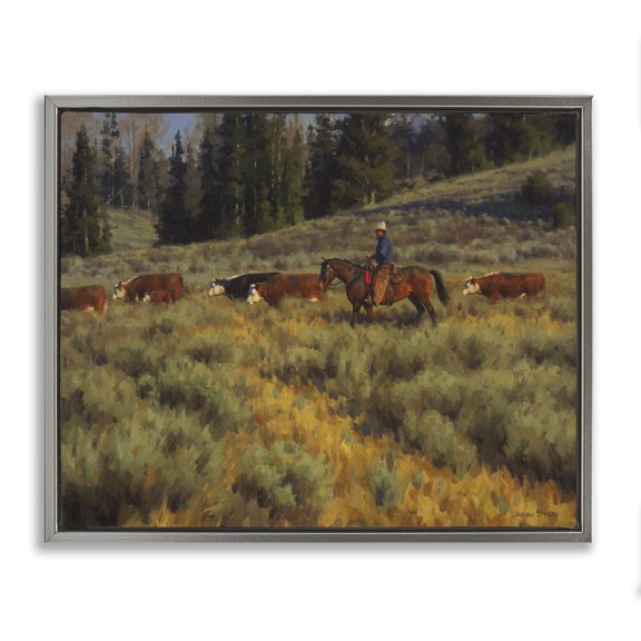Stupell Industries Traditional Cowboy Leading Cattle Meadow Gray Floating Frame Canvas Art, 31 x 25, by Jimmy Dyer