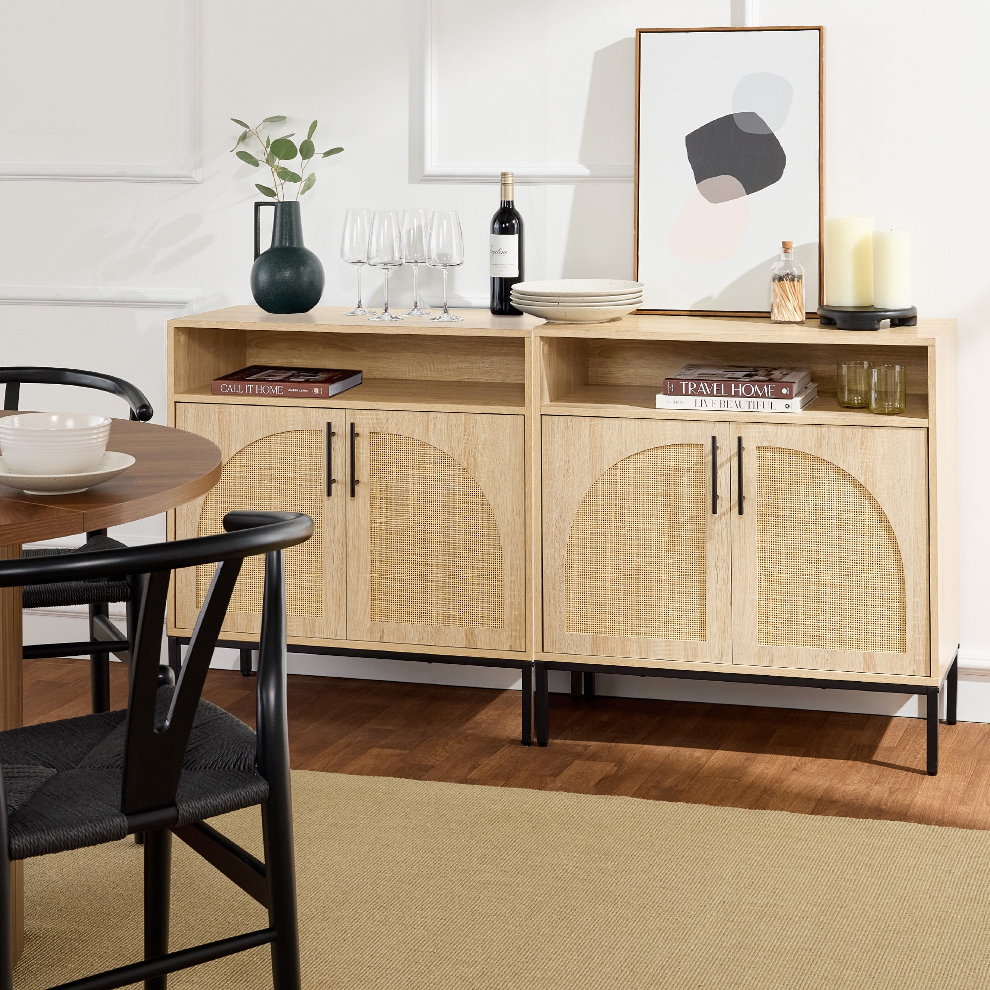 Best Choice Products Arched 2-Door Rattan Cabinet, Sideboard, Buffet, w/ Cord Cutout, Adjustable Storage Shelf - Natural