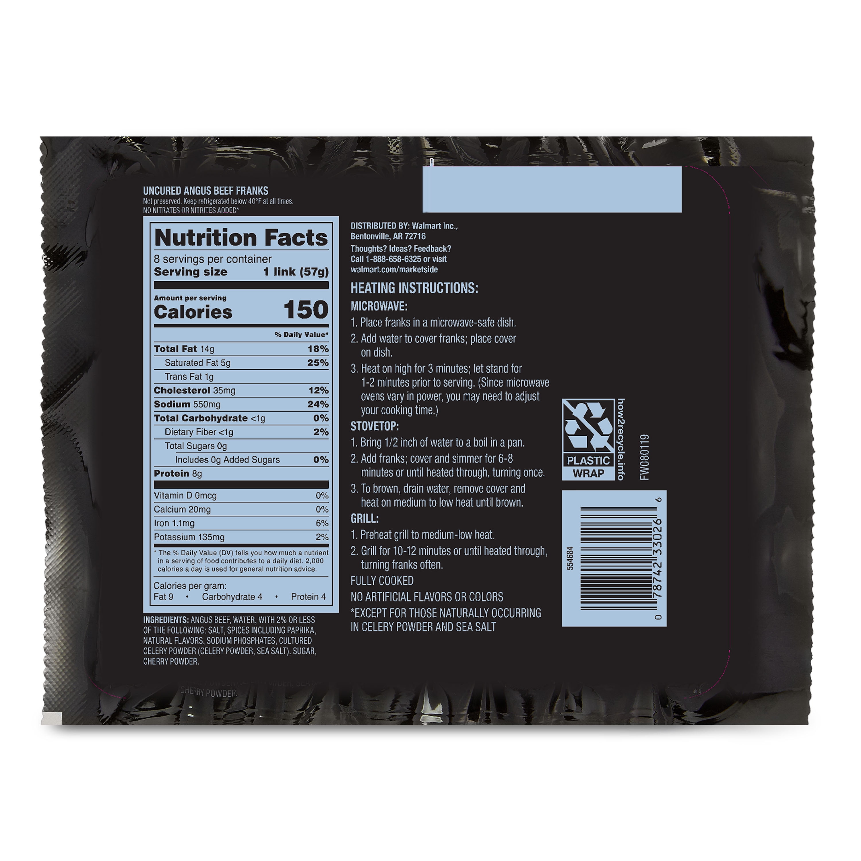 Marketside Fully Cooked Uncured Angus Beef Franks, 16 oz, 8 Count, (Refrigerated)