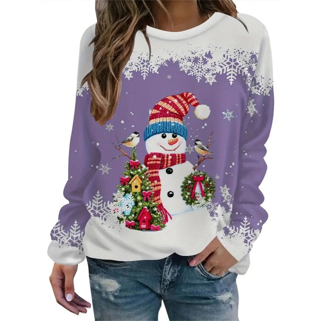 Sudadera con estampado de muñeco de nieve de Navidad para mujer, Jersey informal de manga larga con cuello redondo, talla grande, otoño e invierno, 2023