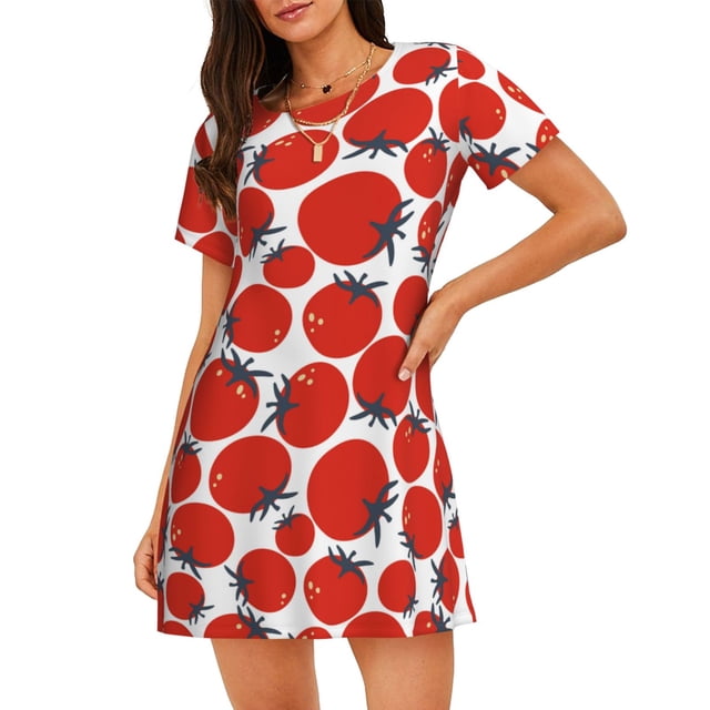 Fotbe Hand Drawn Tomatoes Bata de Dormir para Mujer con Estampado, Camisón de Algodón de Manga Corta, Ropa de Dormir Casual