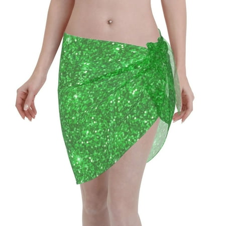 Adobk Women Beach Sarong Bathing Suit Green Glitter Print Wrap Skirt Sheer Bikini Swimsuit Cover Ups For Swimwear
