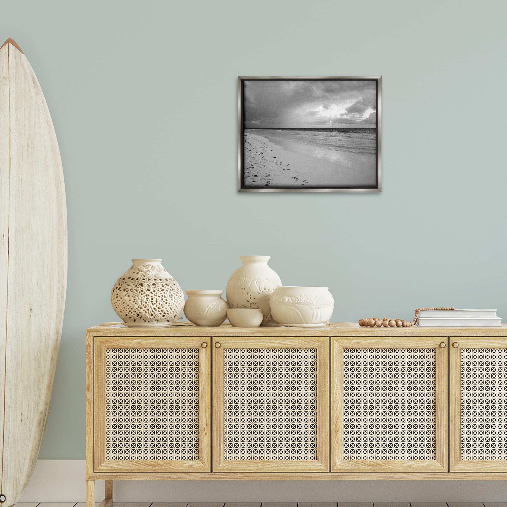 Stupell Industries Beach Shore with Footprints Coastal Photography Gray Floater Framed Canvas Art Print Wall Art, 21 x 17
