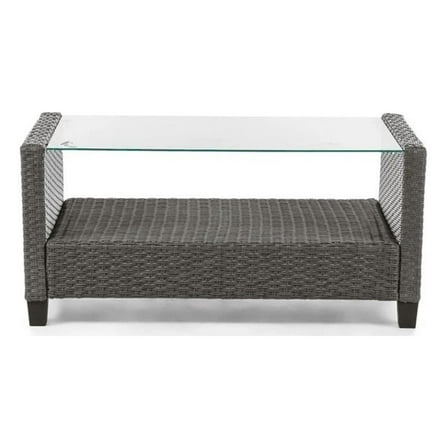 Pemberly Row Outdoor Patio Coffee Table in Gray PE Wicker / Rattan