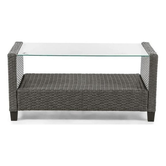 Pemberly Row Outdoor Patio Coffee Table in Gray PE Wicker / Rattan