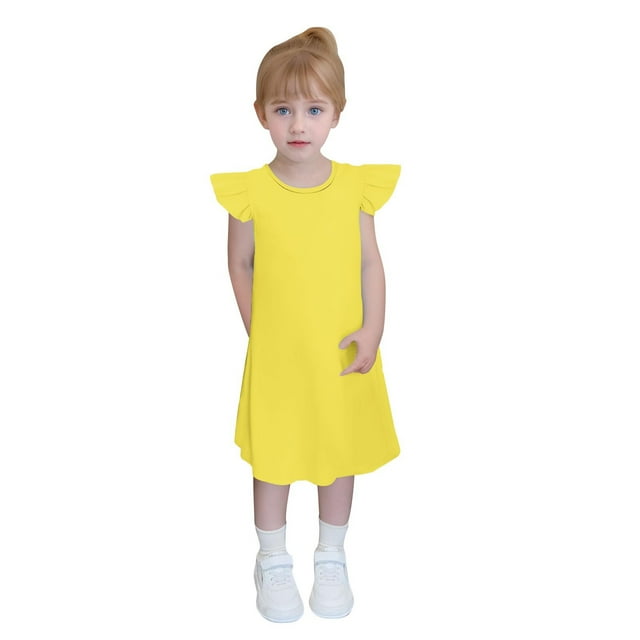 Yanlir Robe de Fête pour Tout-Petites Filles 4-14 Ans Enfants Douce et Confortable Manches à Volants Couleur Unie Col Ras du Cou Robe d'Été pour Tenues de Princesse (Jaune, 7 Ans)