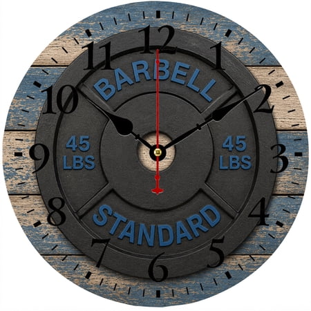 CozyHour 9.84 Inch Weight Plate Wall Clock, Barbell 45 LBS Gym Fitness Decor, Rustic Blue Wood Look Analog Clock for Home Gym, Office and Bedroom
