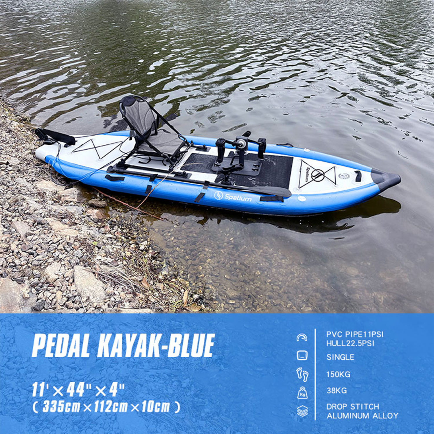 Spatium Pedal Boat Foot Pedal Fishing Kayak Inflatable PVC Reasonable Factory Price 11'*44"*4'' Adjustable Drifting Blue