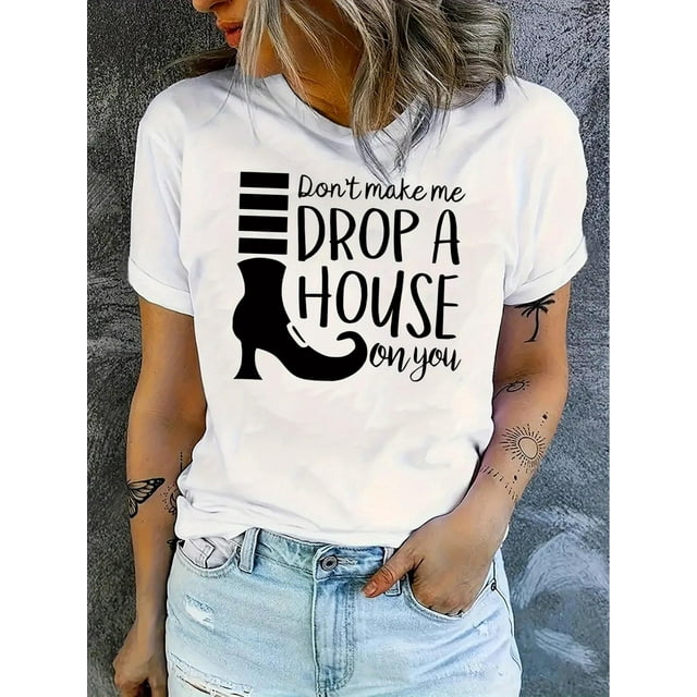 Simple English Bottes Motif Imprimé Mode Tendance Col Rond Manches Courtes, T-Shirt de Sport Décontracté Simple, Hauts d'Été Confortables pour Femmes