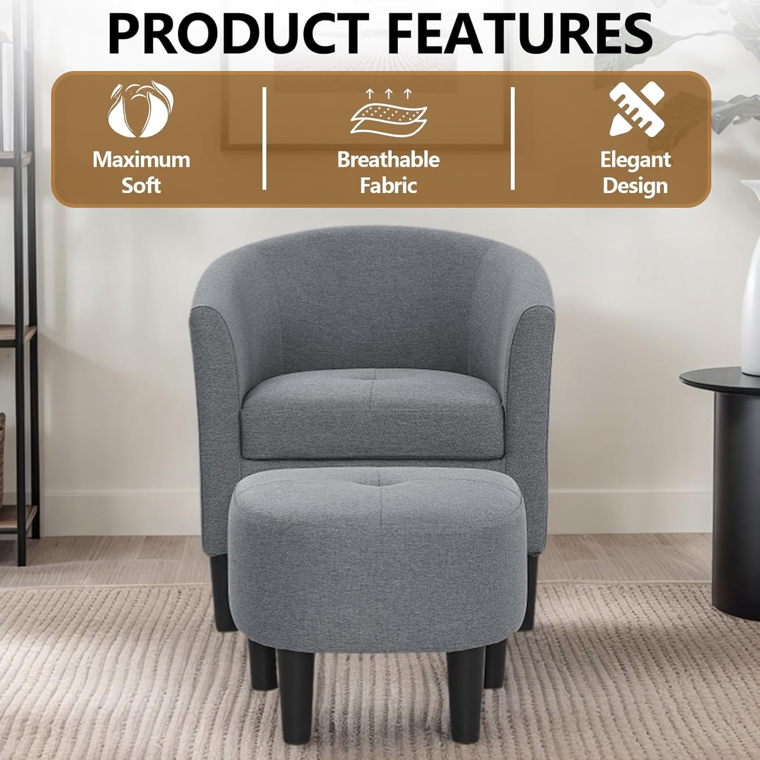 AENKYO Mid-Century Modern Accent Chair with Ottoman - Barrel Armchair & Footrest Set, Comfy Ergonomic Design for Living Room, Bedroom, Home Office - Grey