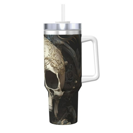 

Sikiie Gold Pattern Skull Insulated Stainless Water Bottle Lid Travel Mug Cup Insulated Tumblers Cup 40oz Ice Bully With Handle