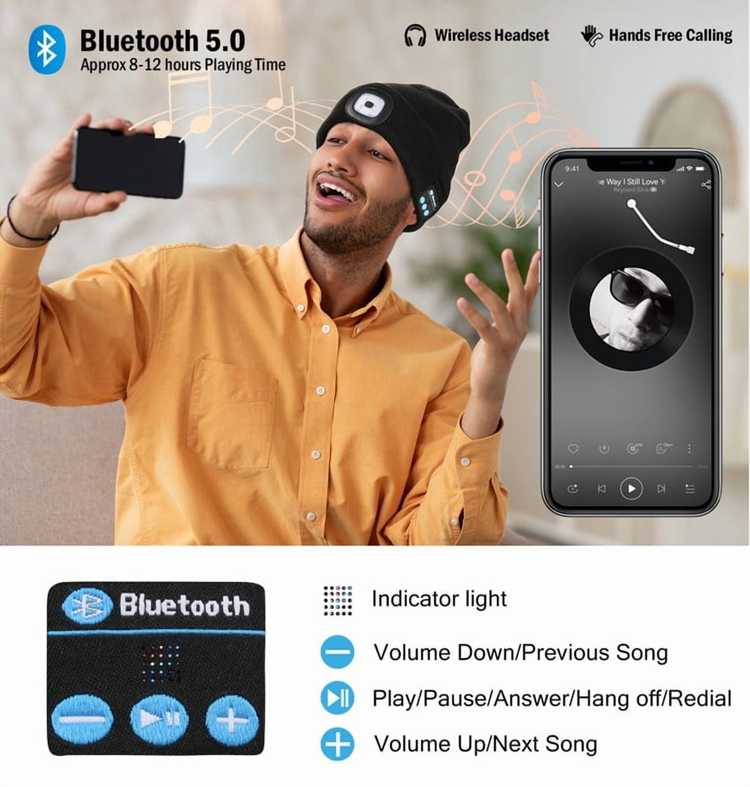 CENSGO Bluetooth Beanie with the Light, Unique Tech Gifts for Men Husband Him Teen, Wireless Headphones for Fishing Jogging Working, Christmas Stocking Blue