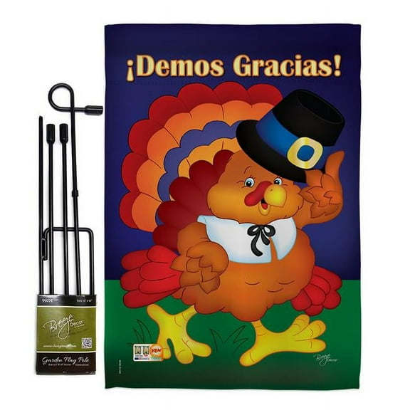 Breeze Decor BD-TG-GS-113037-IP-BO-D-US10-BD 13 x 18.5 in. Happy Thanksgiving Turkey Fall Vertical Double Sided Mini Garden Flag Set with Banner Pole