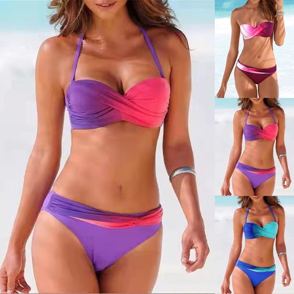 Women's Two Piece Bikini Set Ombre Color Sexy Bathing Suit Swimwear for Beach Hot Spring Summer Vacation,Blue,L