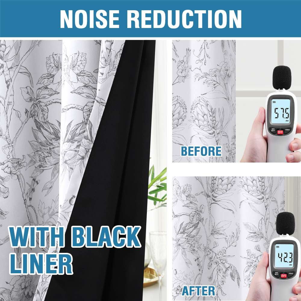 H.VERSAILTEX 100% Blackout Curtains Camellia Floral Printed Drapes Leah Floral Thermal Bedroom Curtains for Living room with Black Liner 2 Panels,52" x 96",Grey