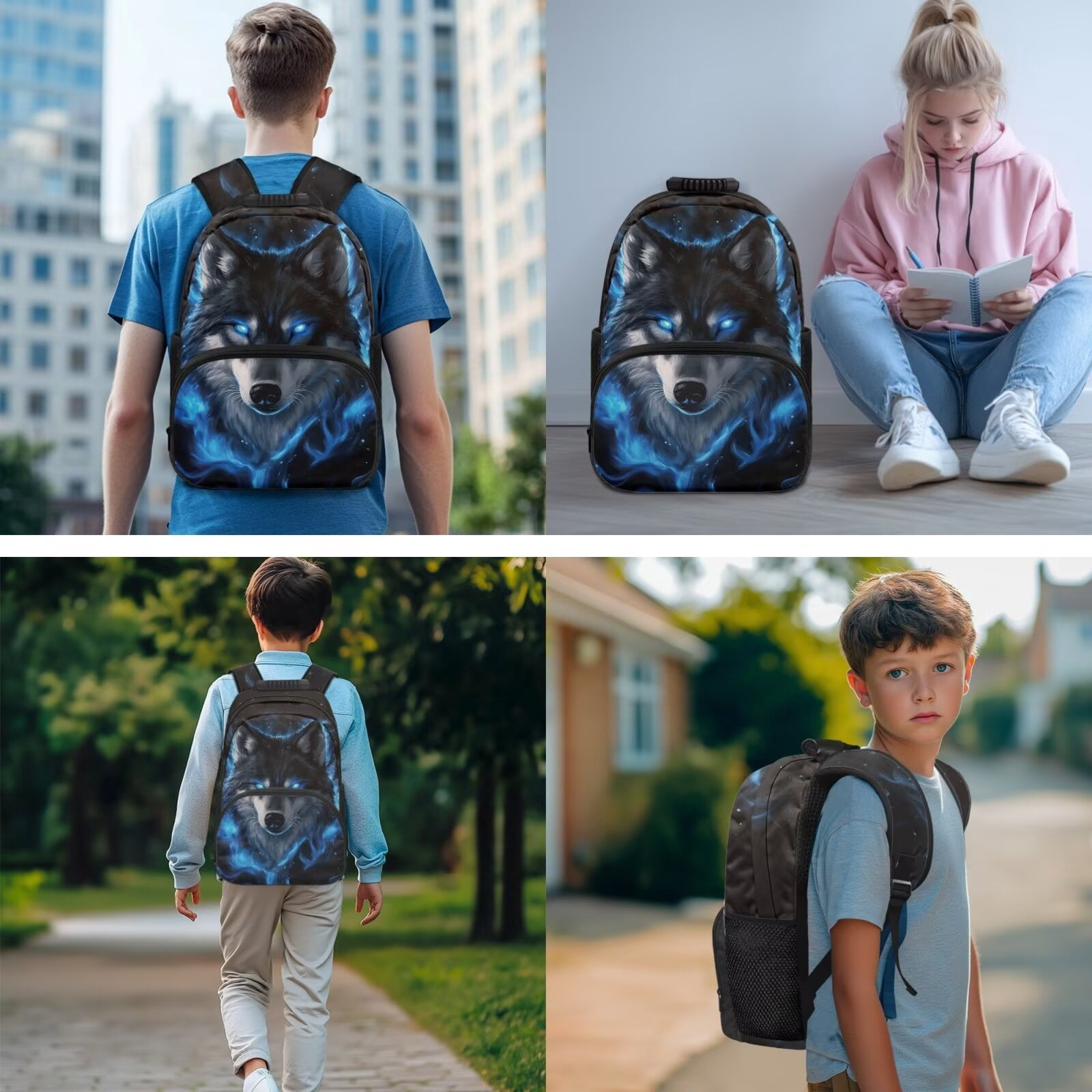 Pzuqiu Blue Fire Wolf School Backpacks for Teen Girls with Lunch Box Pencil Case 2pcs Bookmark Kawaii Rucksack Travel Schoolbag Sport Bookbag for Kids 8-12 Middle School