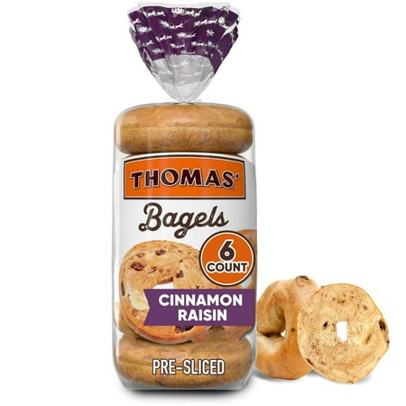 Thomas' Cinnamon Raisin Bagels, 6 count, Soft Pre-sliced Bagels, 20 oz Bag (Pack of 2)