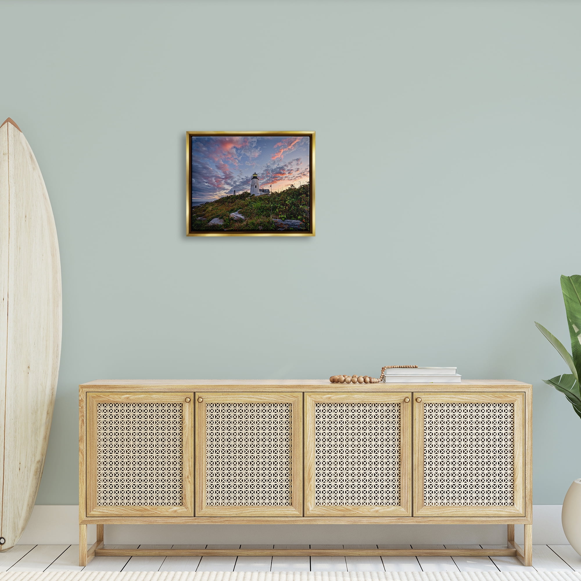 Stupell Nautical Lighthouse Pink Clouds Landscape Landscape Photography Gold Floater Framed Art Print Wall Art