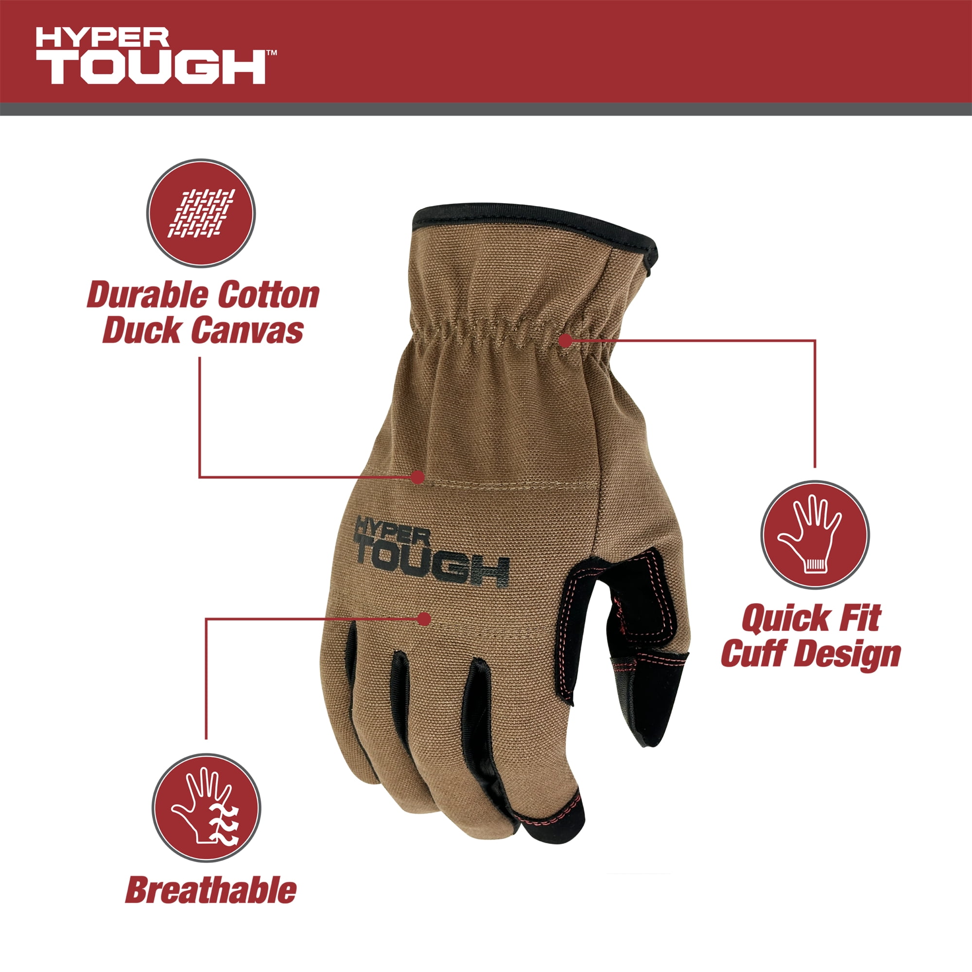 (3 pack) Hyper Tough Cotton Duck Canvas Utility, Unisex Work Gloves, Brown, Medium, HT88981-23