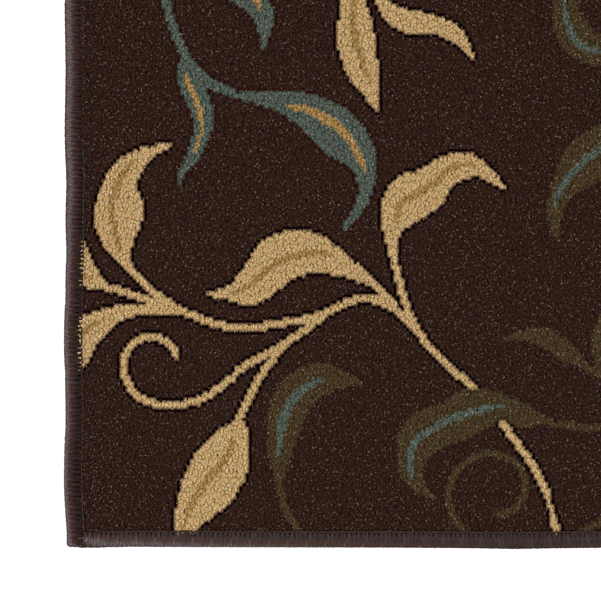Ottomanson Leaf Kitchen Runner Rug 1'10" x 7' - Non Slip Low Pile Carpet, Brown