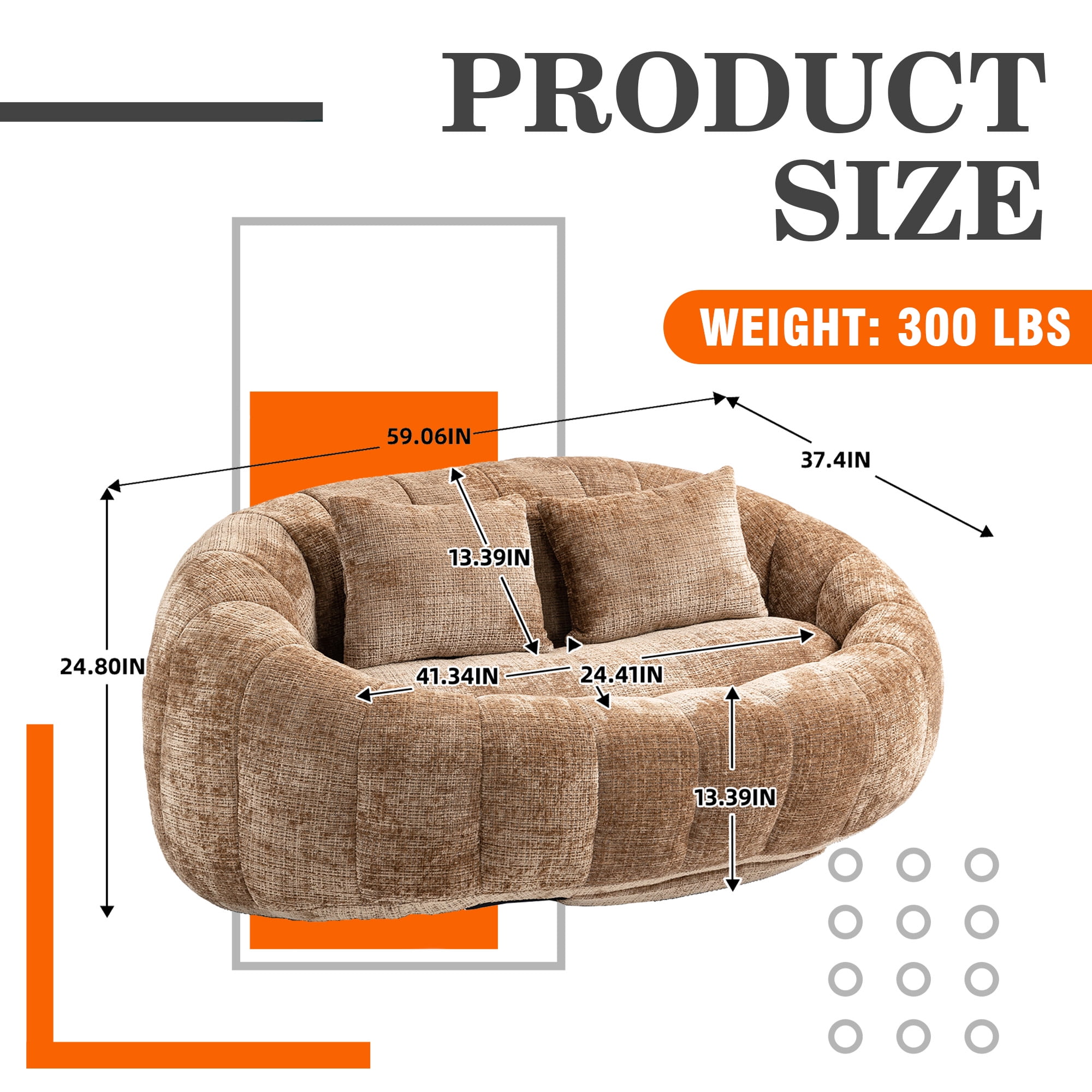 59''W Chenille Loveseat Sofa Small Couch Oversized Bean Bag Chair, Modern Lounge Loveseat Sofa with 2 Pillows,Bean Bag Couch Floor Lazy Sofa for Living Room Bedroom Apartment (Brown)
