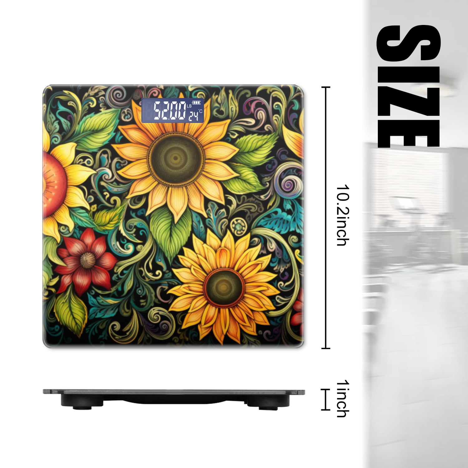 Digital Bathroom Scale with Large LCD Display,High Capacity Scale 400 lbs High Precision body fat scale-Colorful Drawing Of Sunflowers And Leaves Swirls On Black Background