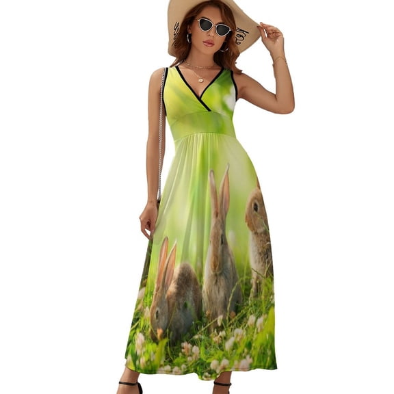 Cute Little Easter Bunnies on Green Grass Womens Night Club Maxi Dress V Neck Sleeveless Bohemia Long Dresses