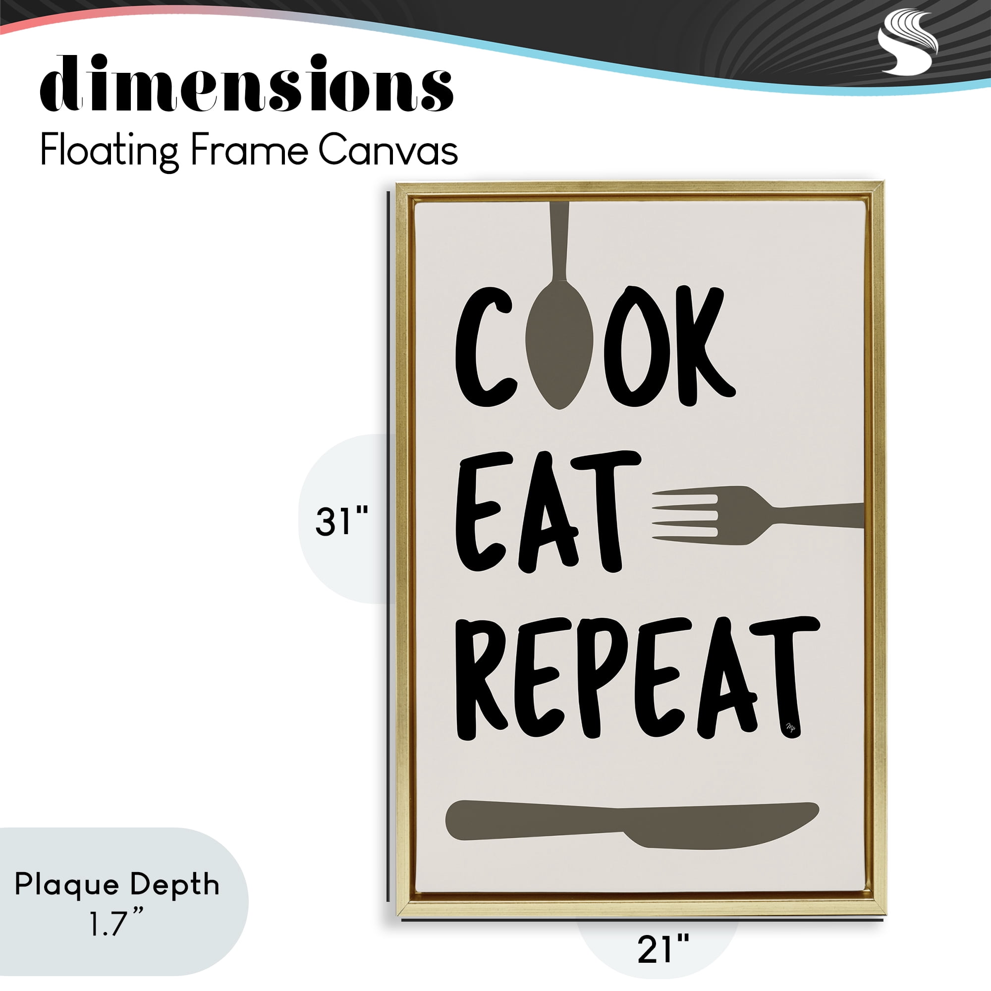 Stupell Industries Cook Eat Repeat with Utensils Gold Framed Floater Canvas Wall Art, design by Martina Pavlova
