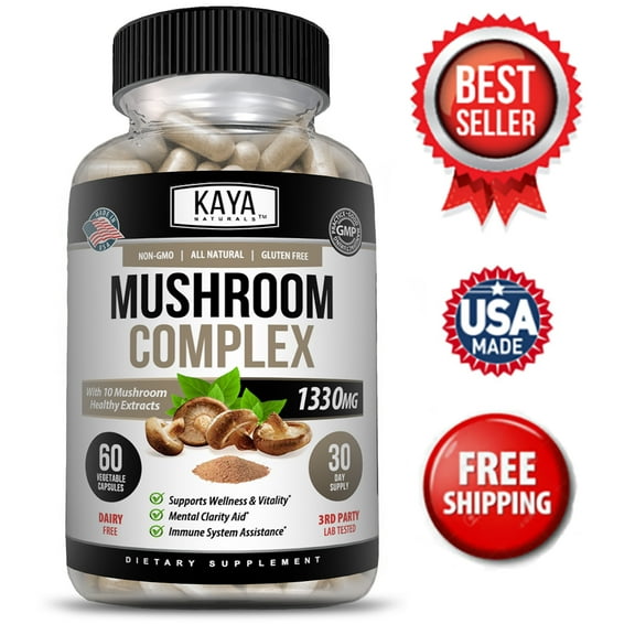 Kaya Naturals Mushroom Complex Supplement, 10 Mushroom Extracts- Lions Mane - Reishi - Shiitake