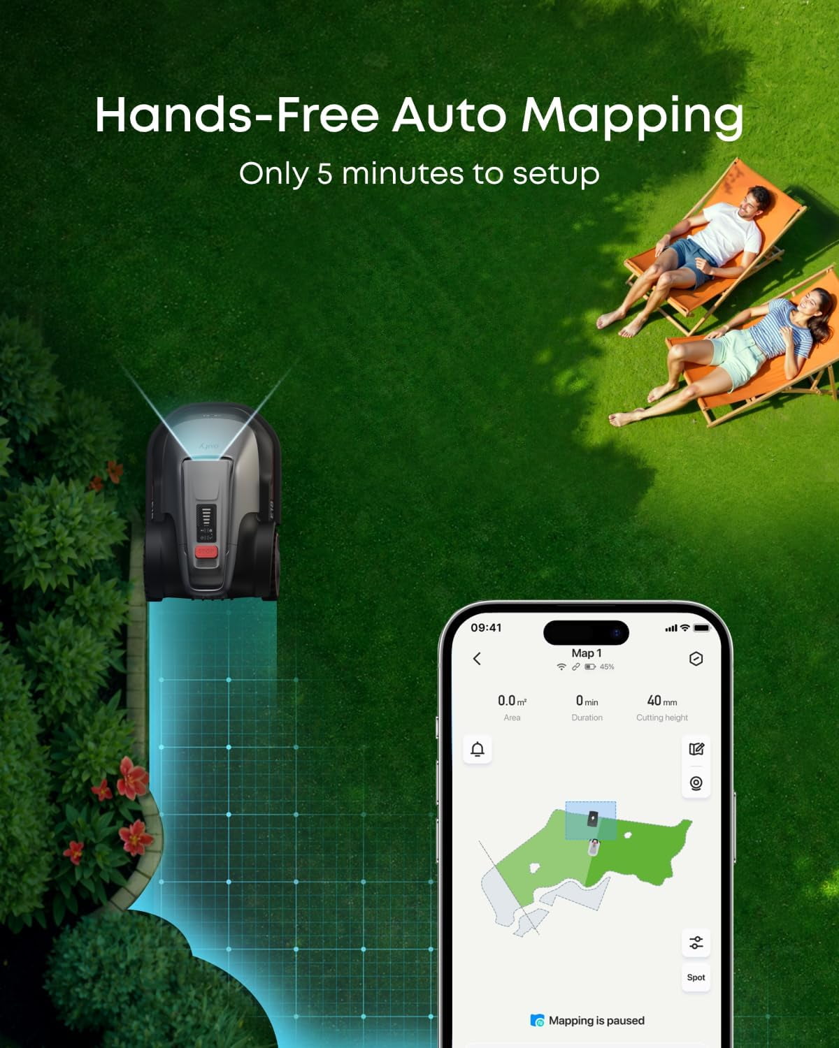 eufy Robot Lawn Mower E15, Auto Mapping,Pure Vision Navigation, Wire Free RTK Free, Multi-Zone Management, AI 3D Obstacle Avoidance, GPS Anti-Theft, 0.2 Acres, 18° Slope, App Control