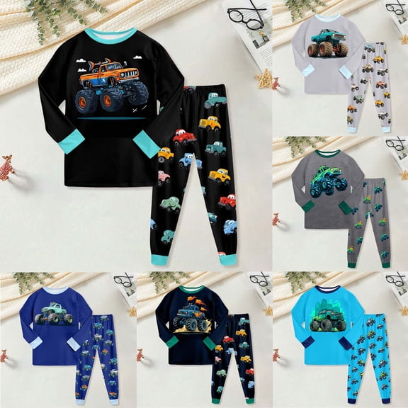 Faraee Boys Pajamas Set Kids Truck Car Print Toddler Pjs Set Toddler Long Sleeve Tops Shirt and Pants 2 Piece Sleepwear Size 1-10 Years