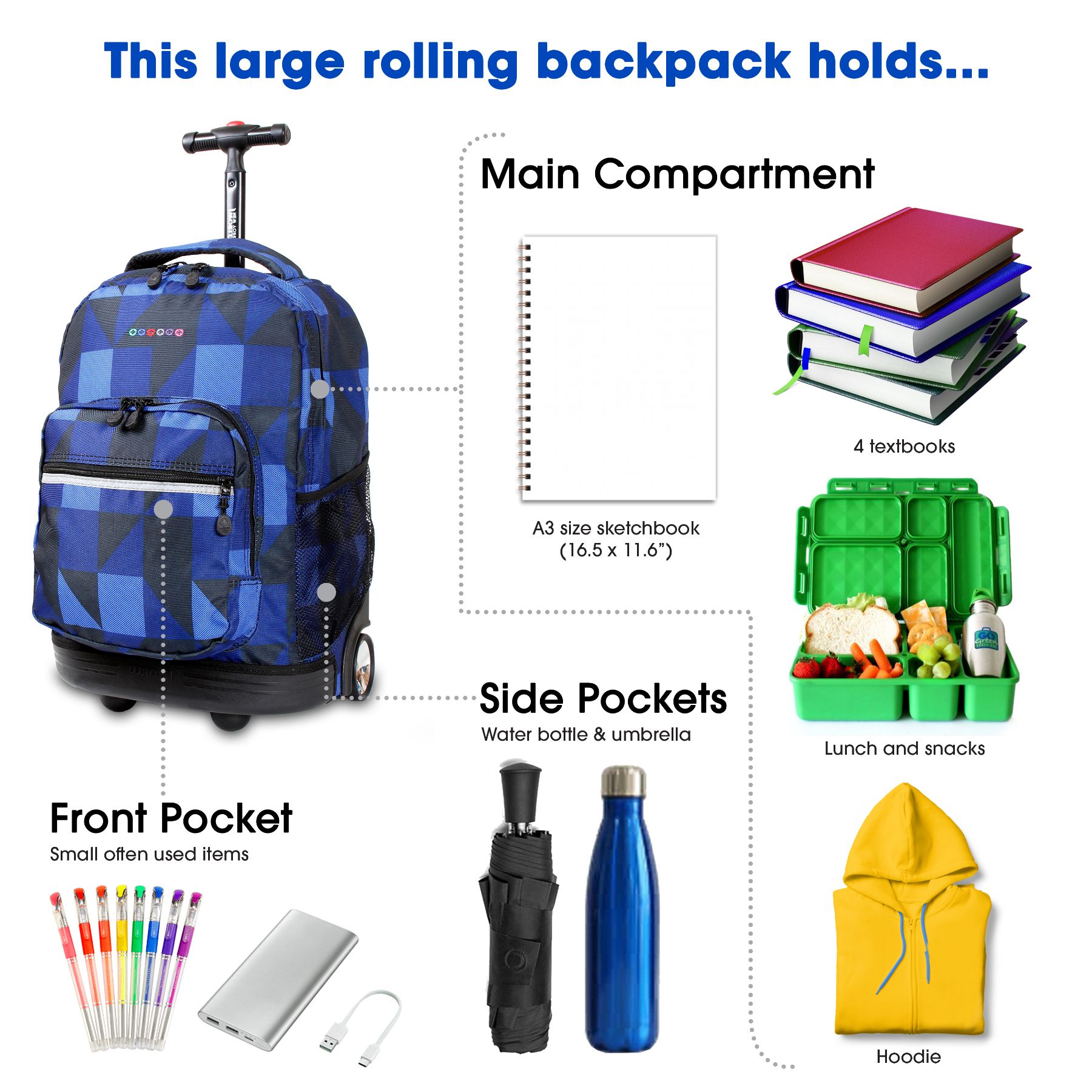 J World Boys and Girls Sunrise 18" Rolling Backpack for School and Travel, Block Navy - image 4 of 6
