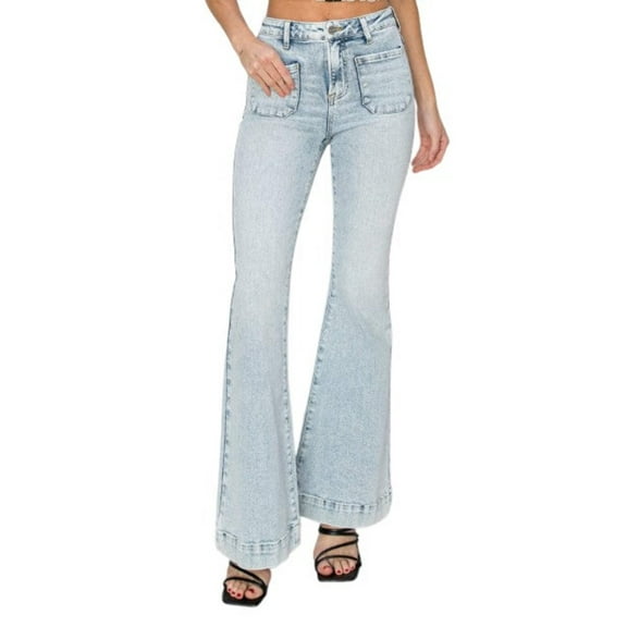 Risen Women's High Rise Front Patch Pocket Flare Jeans
