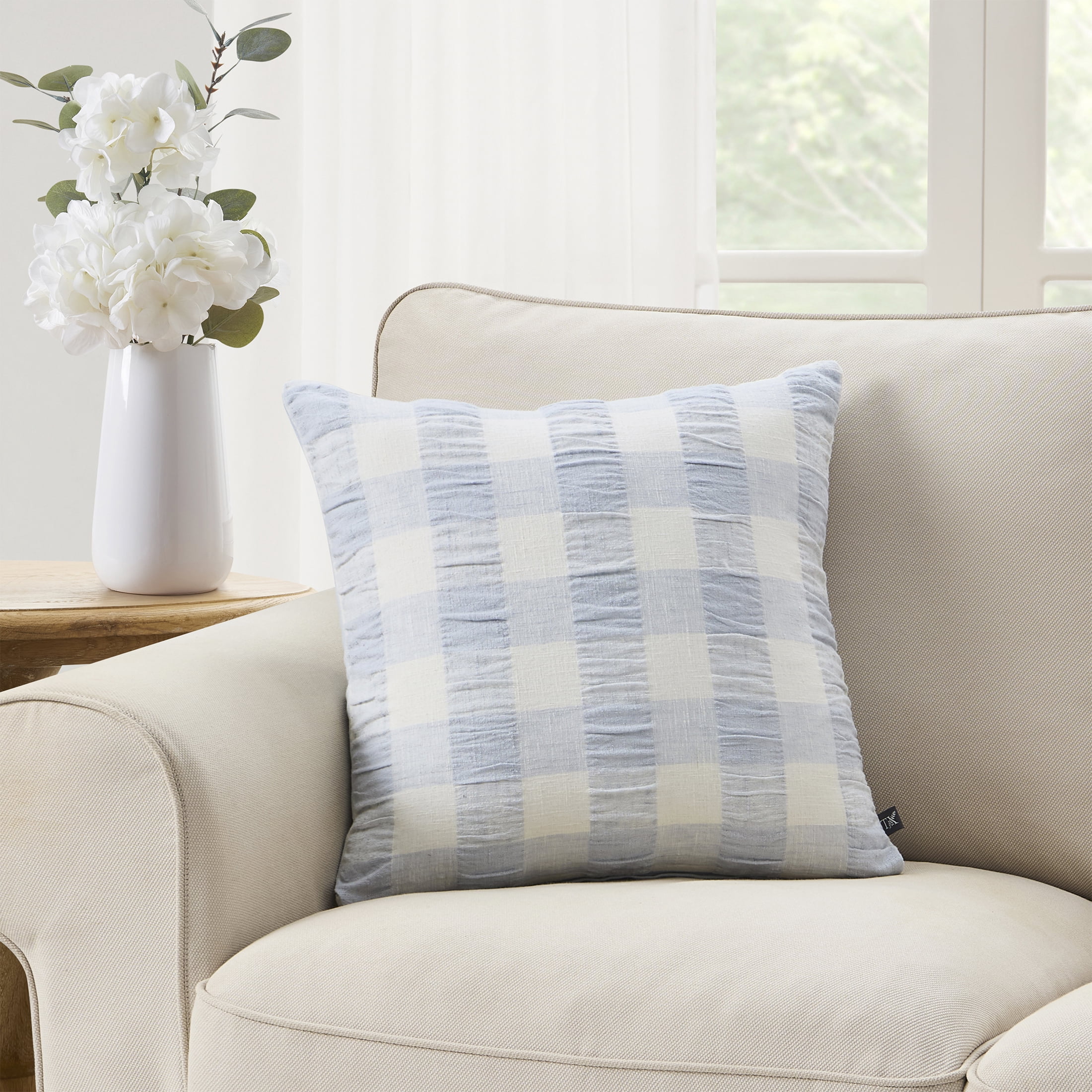 My Texas House 18" x 18" Blue Textured Plaid Decorative Pillow Cover