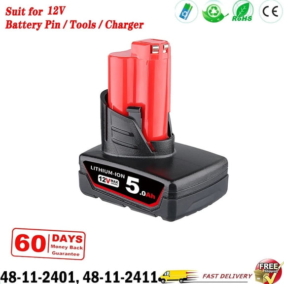 M12 12V 5.0AH Replacement for Miwoukee M-12 Li-on Battery 48-11-2411 48-11-2440 48-11-2402 Compatible with Original 12V Cordless Power Tools and Charger