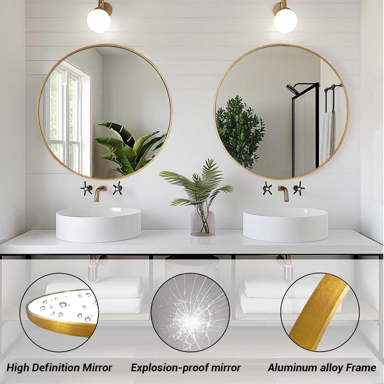 Mirstory 36.6"x36.6" Round Wall Mirror Wall-mounted Bathroom Mirror with Aluminum Frame,Gold