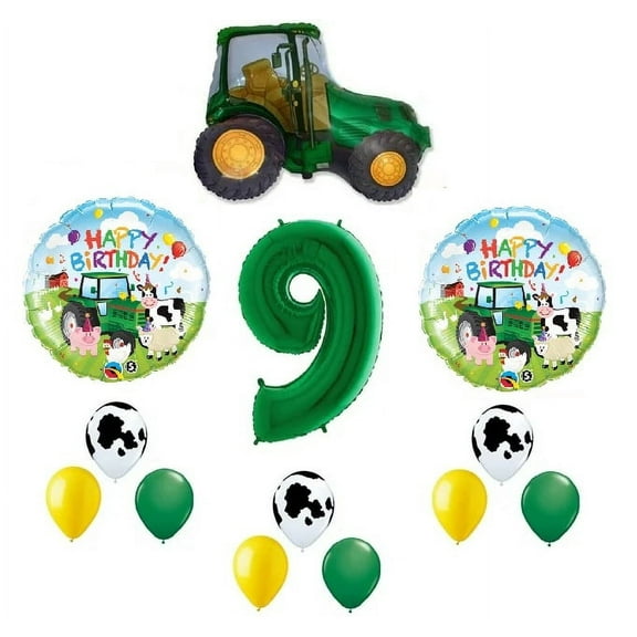 Farm Tractor 13 Piece #9 9th Green Tan Happy Birthday Balloon Bouquet Party Decoration